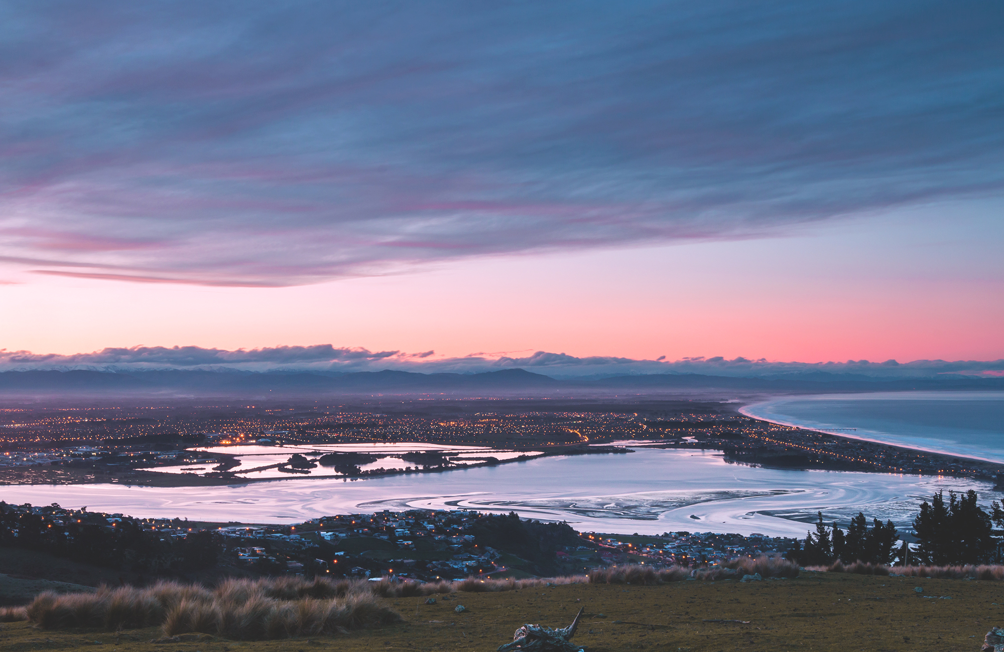Uitzicht over Christchurch vanuit de verte bij zonsondergang | Reizen Christchurch