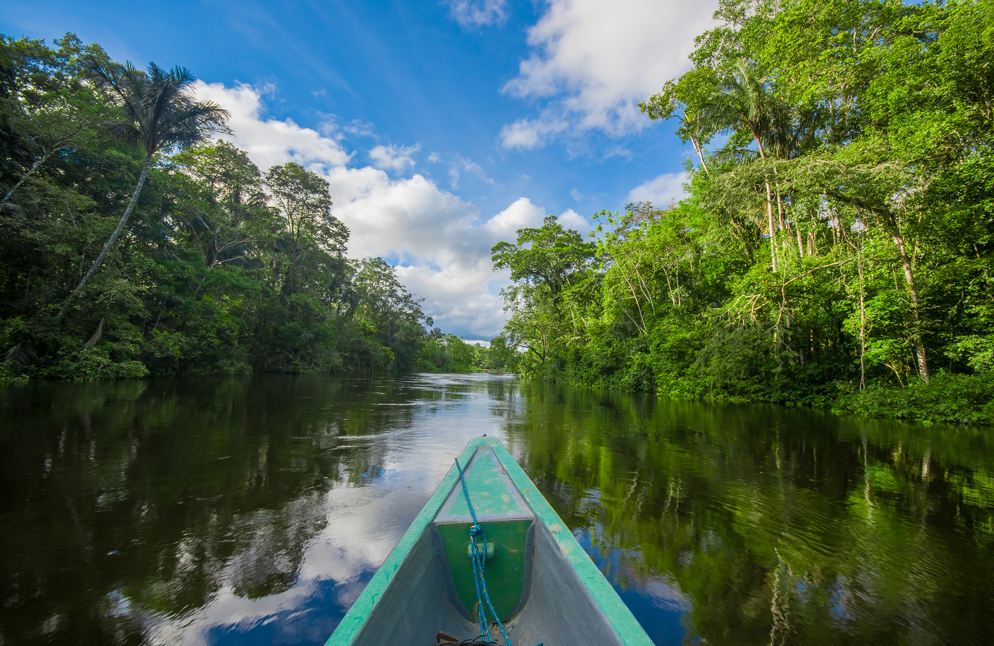 Boot op een rivier in het Amazoneregenwoud in het Cuyabeno nationale park in Ecuador