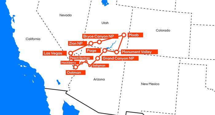 De route van de roadtrip | Arizona, Utah & Nevada