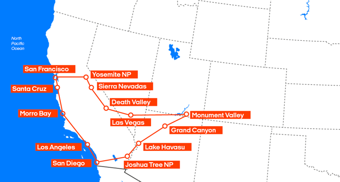 De route van de rondreis | Reis door Californië, Arizona, Utah en Nevada