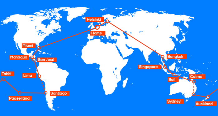 De route van het wereldticket | Azië, Oceanië, Frans-Polynesië & Zuid-Amerika