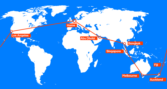 De route van het wereldticket | Thailand, Singapore, Australië, Fiji & Amerika