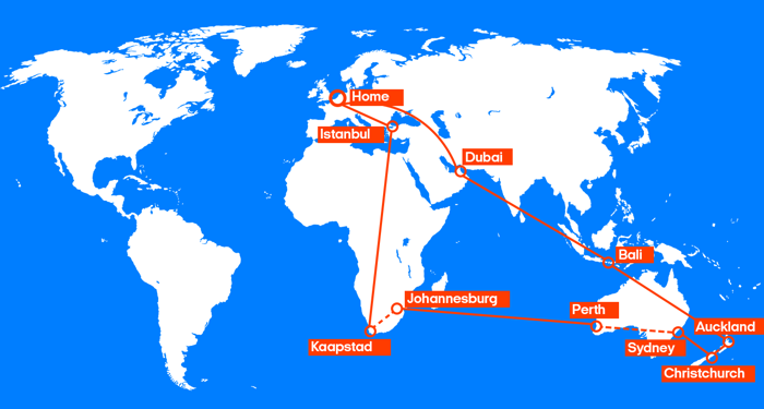 De route van het combinatieticket | Bali, Australië, Nieuw-Zeeland & Zuid-Afrika
