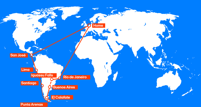 De route van het combinatieticket | Costa Rica, Peru, Chili, Argentinië & Brazilië