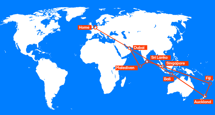 De route van het combinatieticket | Bali, Nieuw-Zeeland, Fiji, Sri Lanka & Malediven