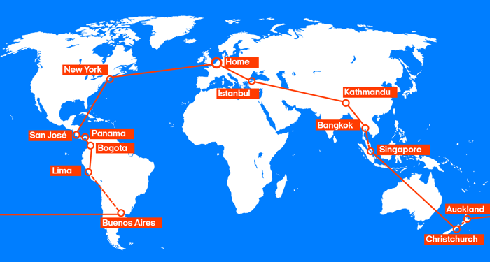 De route van het wereldticket | Amerika, Zuid-Amerika, Nieuw-Zeeland & Azië