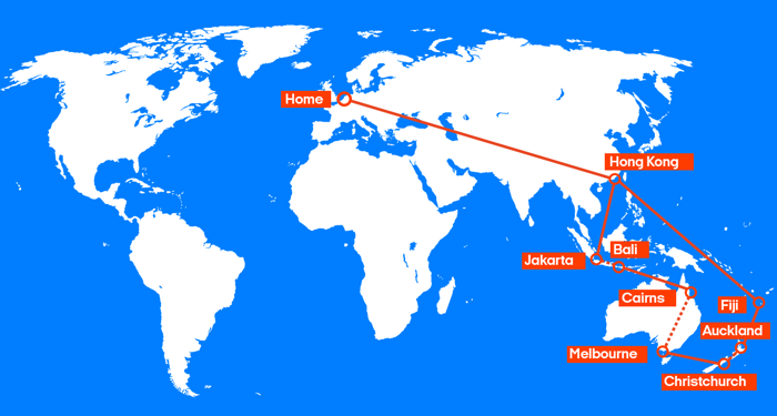 De route van het combinatieticket | Indonesië, Australië, Nieuw-Zeeland & Fiji