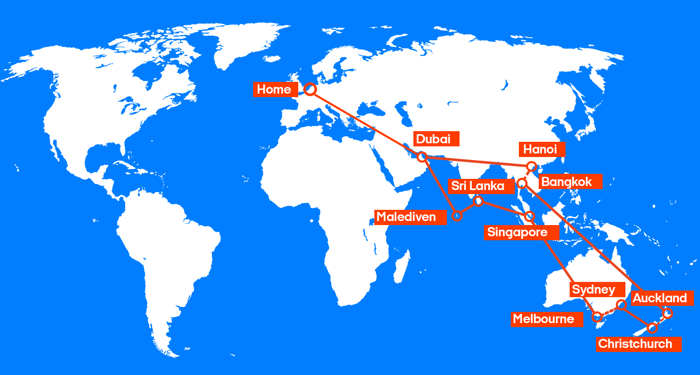 De route van het combinatieticket | Azië, Australië & Nieuw-Zeeland