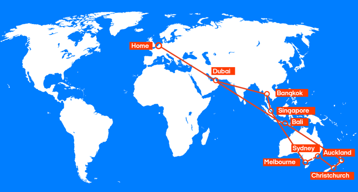 De route van het combinatieticket | Nieuw-Zeeland, Australië, Thailand & Bali