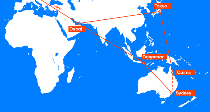 De route van het combinatieticket | Japan, Australië & Bali