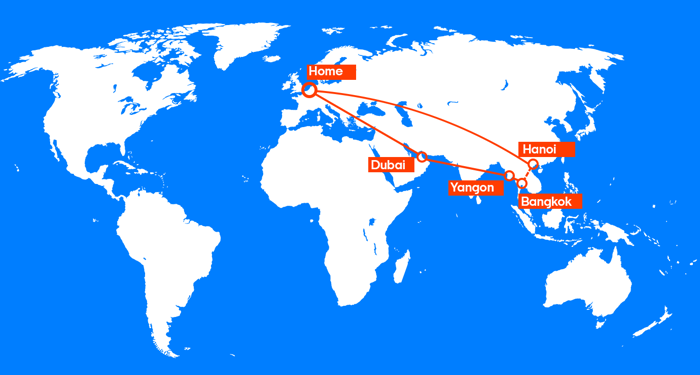 De route van het combinatieticket | Myanmar, Thailand, Vietnam & Dubai