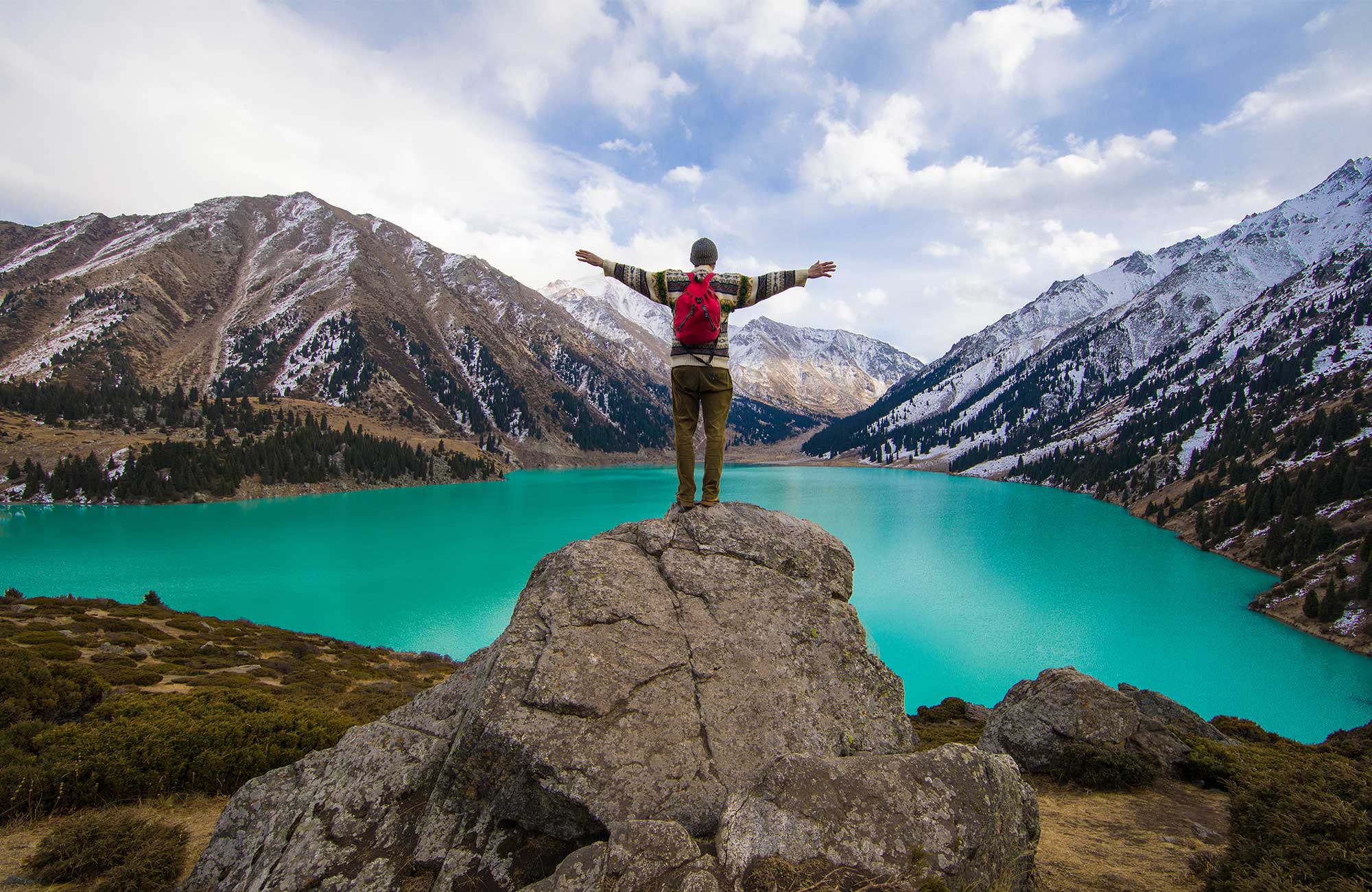 Kazakhstan Big Almaty Lake And Guy With Backpack Cover
