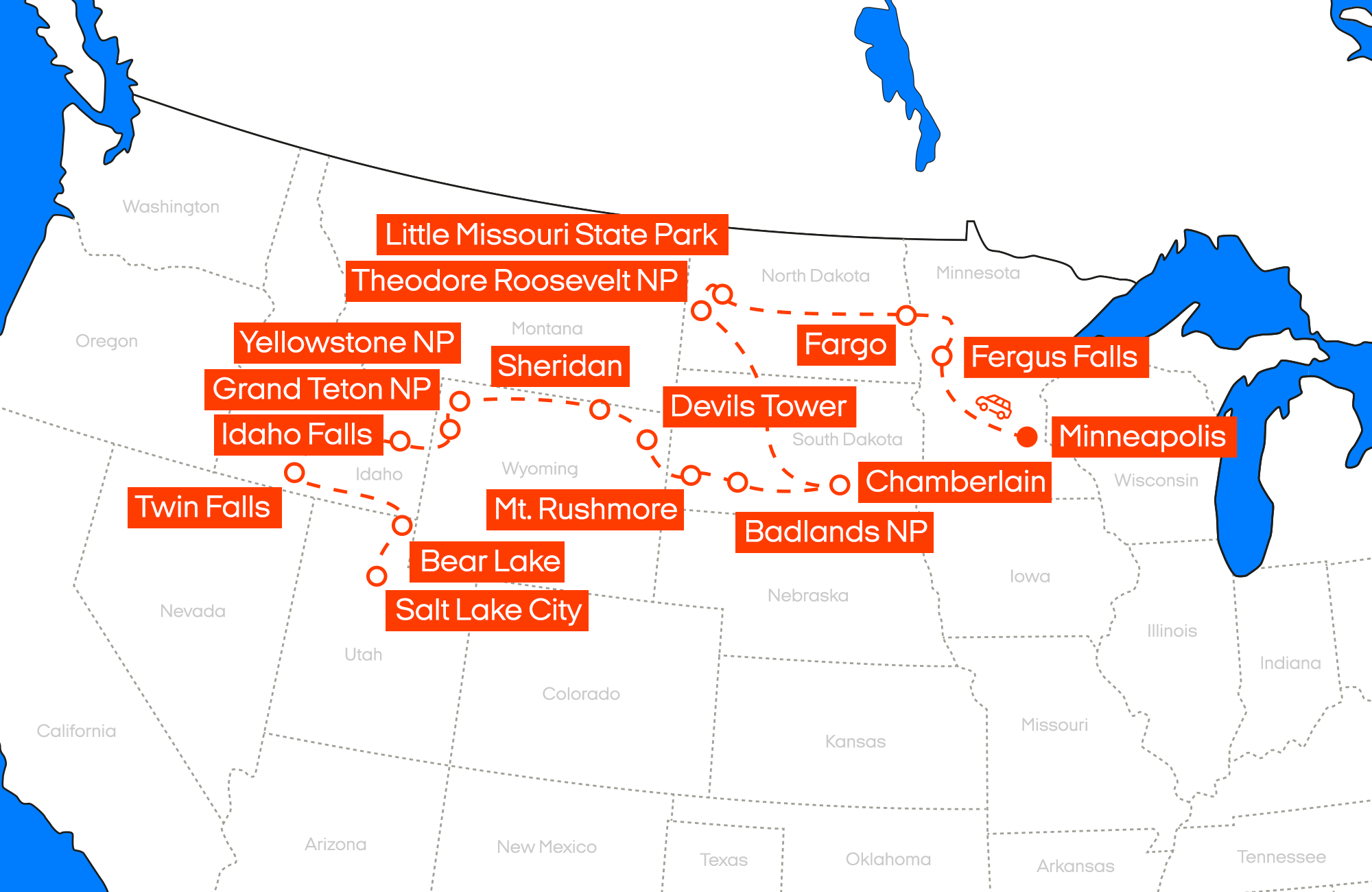 Reisroute door het Grote Amerikaanse Westen van Minneapolis naar Salt Lake City