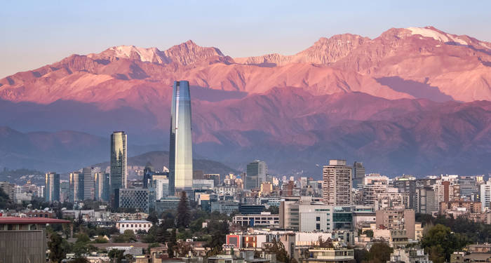costanera skyscraper in front of the andes mountains in santiago