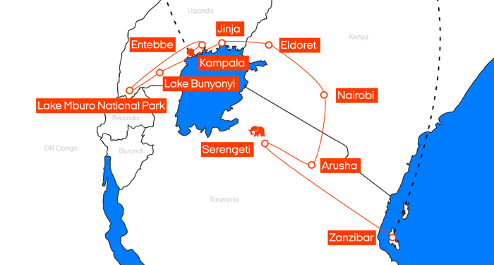 Kaart van de route: Wildlife in Oeganda & beach vibes in Zanzibar